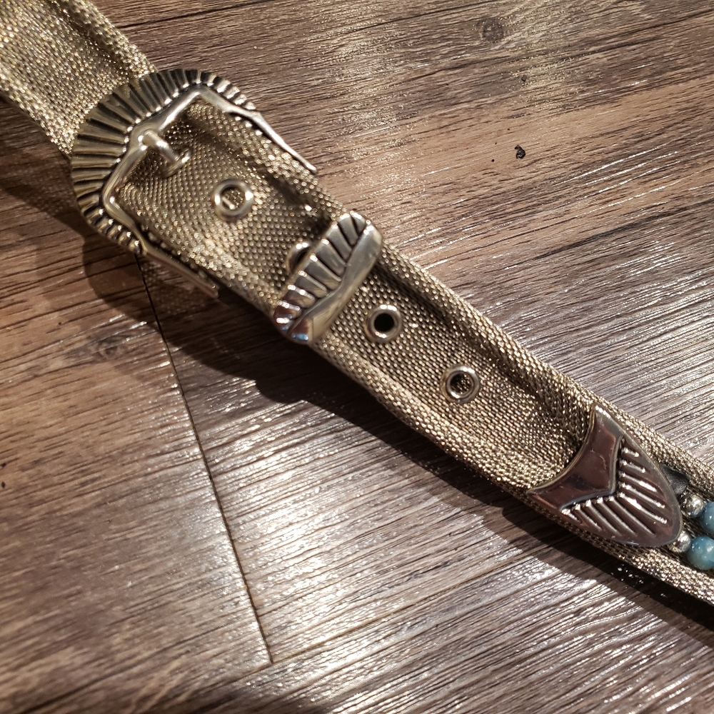 Silver mesh Belt with turquoise and ivory colored beads western - Picture 2 of 5